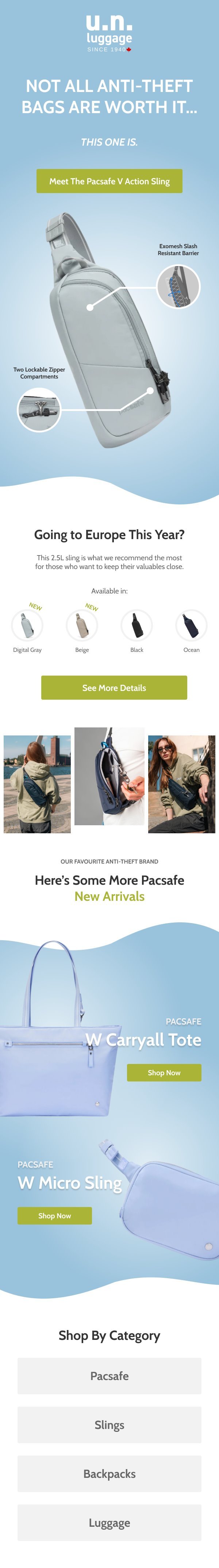 Pacsafe Action Sling email campaign