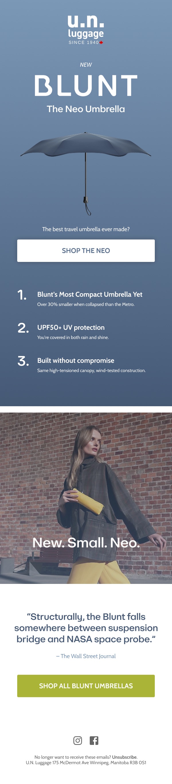 U.N. Luggage email: Blunt Neo Umbrella launch