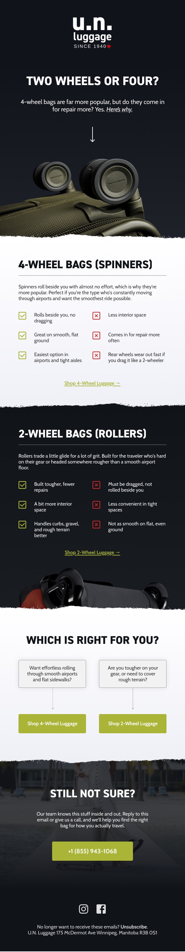 U.N. Luggage email: Two Wheels or Four? comparison guide
