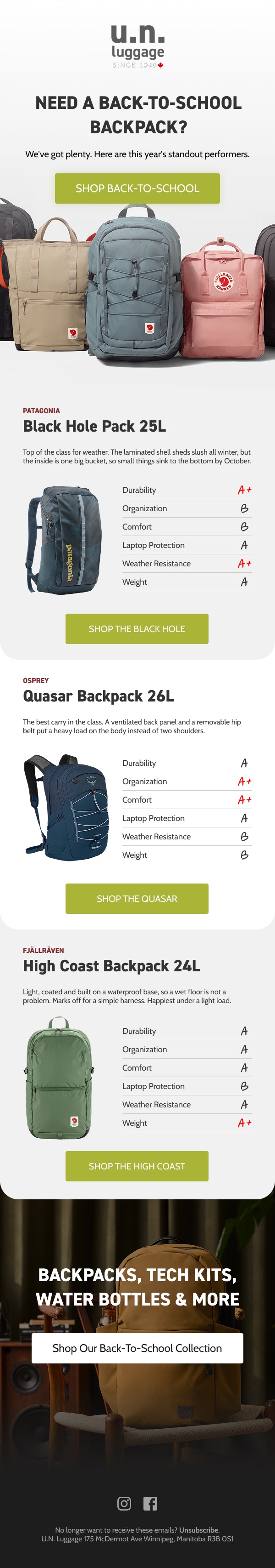 U.N. Luggage email: Back-to-School Backpacks buyer's guide