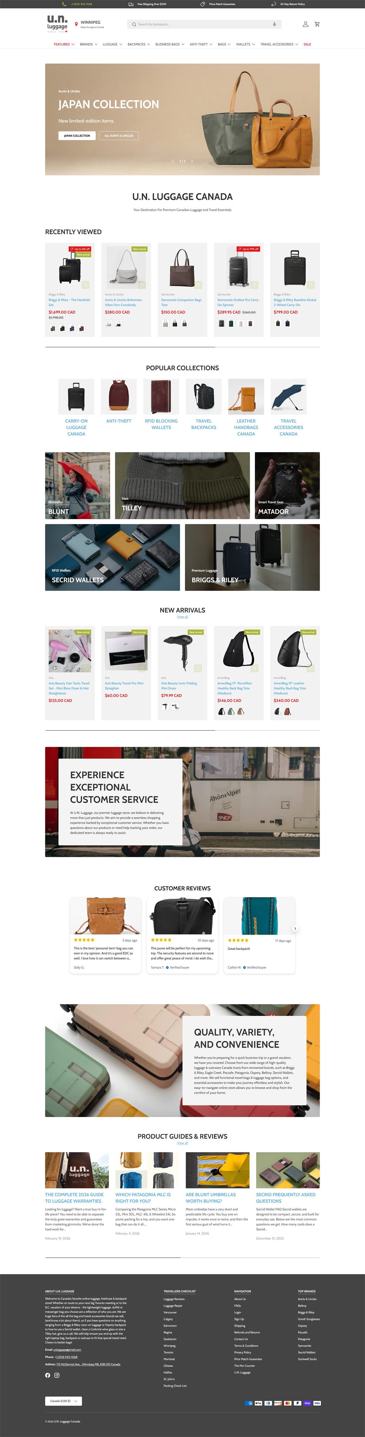 U.N. Luggage homepage screenshot